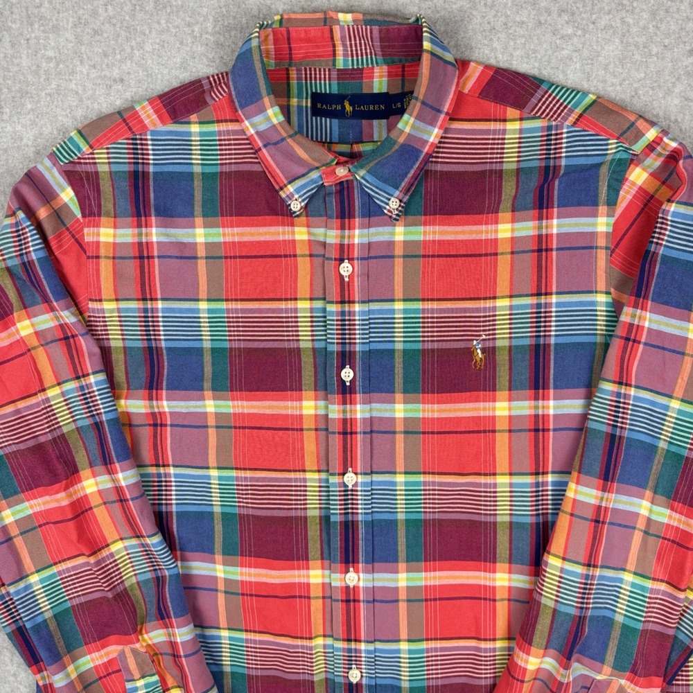 Polo Ralph Lauren Mens L Madras Plaid Button Down Shirt Multi Color Pony Logo - Picture 2 of 8